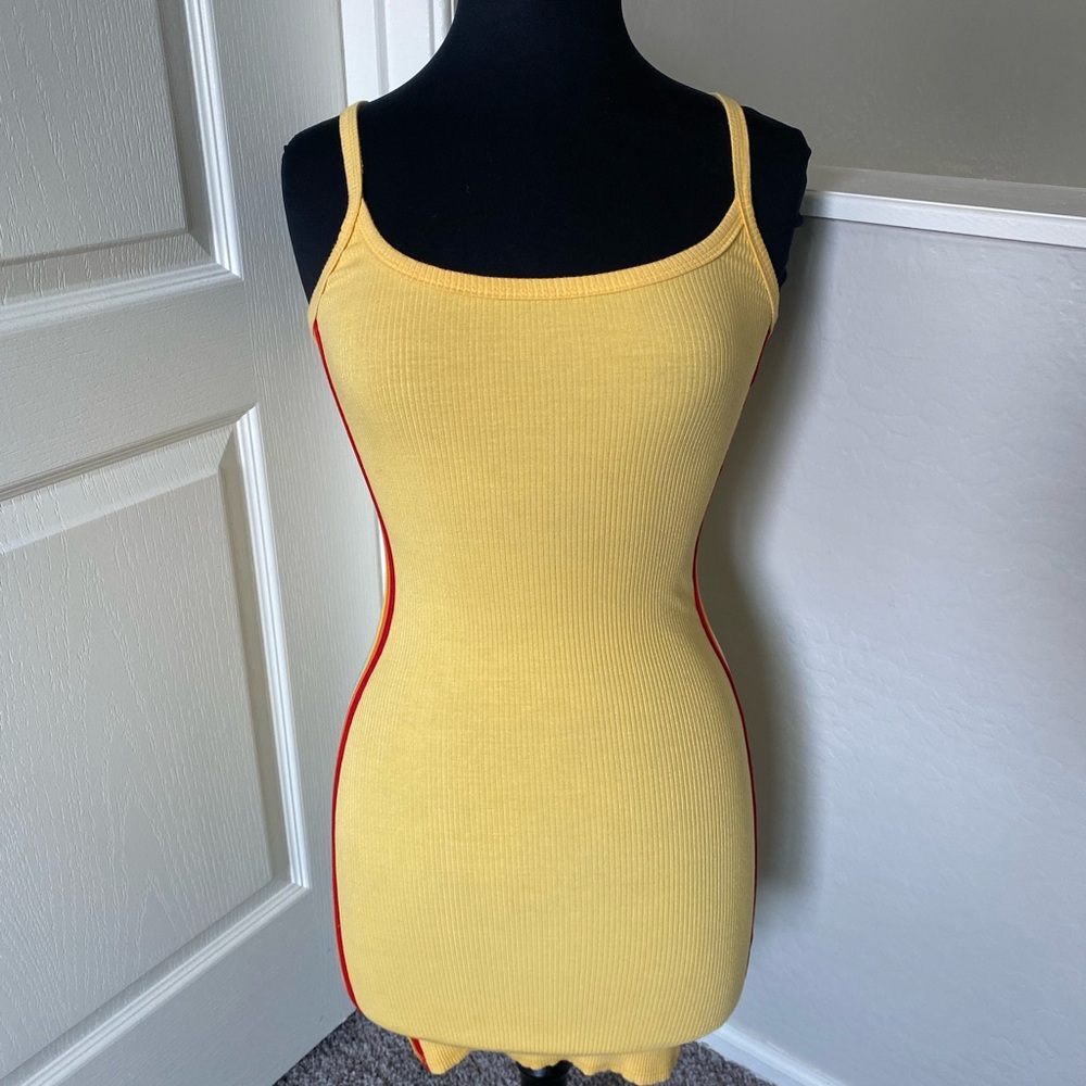 Spaghetti Strap Yellow Ribbed Minidress Dress with Stripe size XS